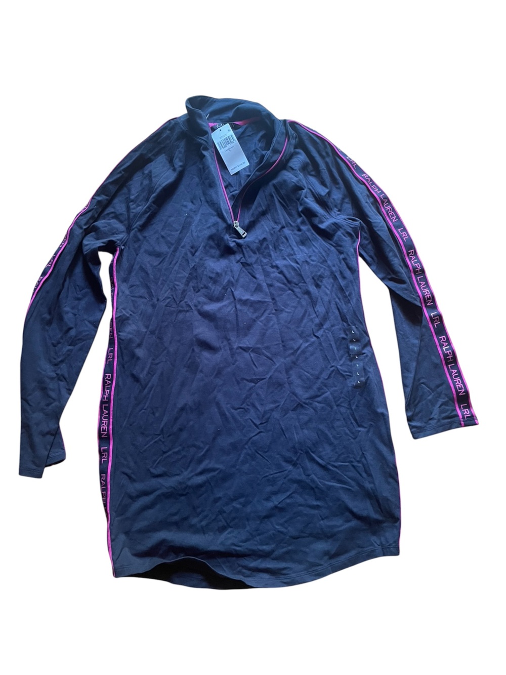 NWT Lauren Ralph Lauren Logo Tape Navy/Pink 1/4 Zip Long Sleeve Dress Size L